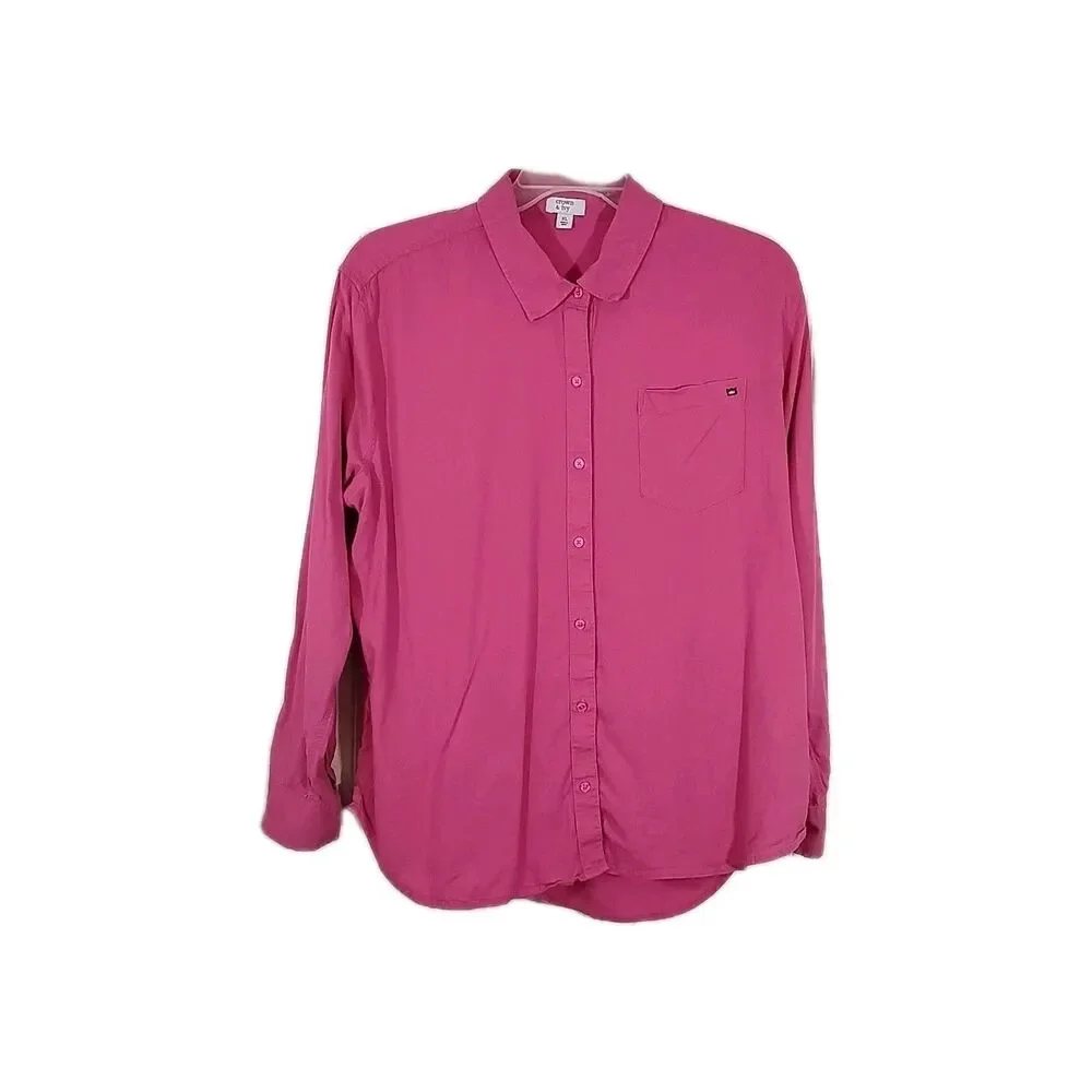 Crown & Ivy Womens XL Pink Button Front Top Long Sleeve Linen Blend
